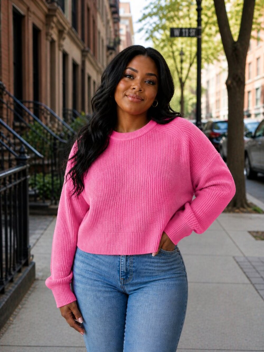 Women's Pink Ribbed Crewneck Sweater